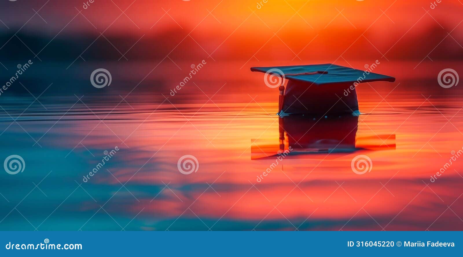 graduation cap floating on water at sunset, concept for educational dreams. graduation time in educational institutions.