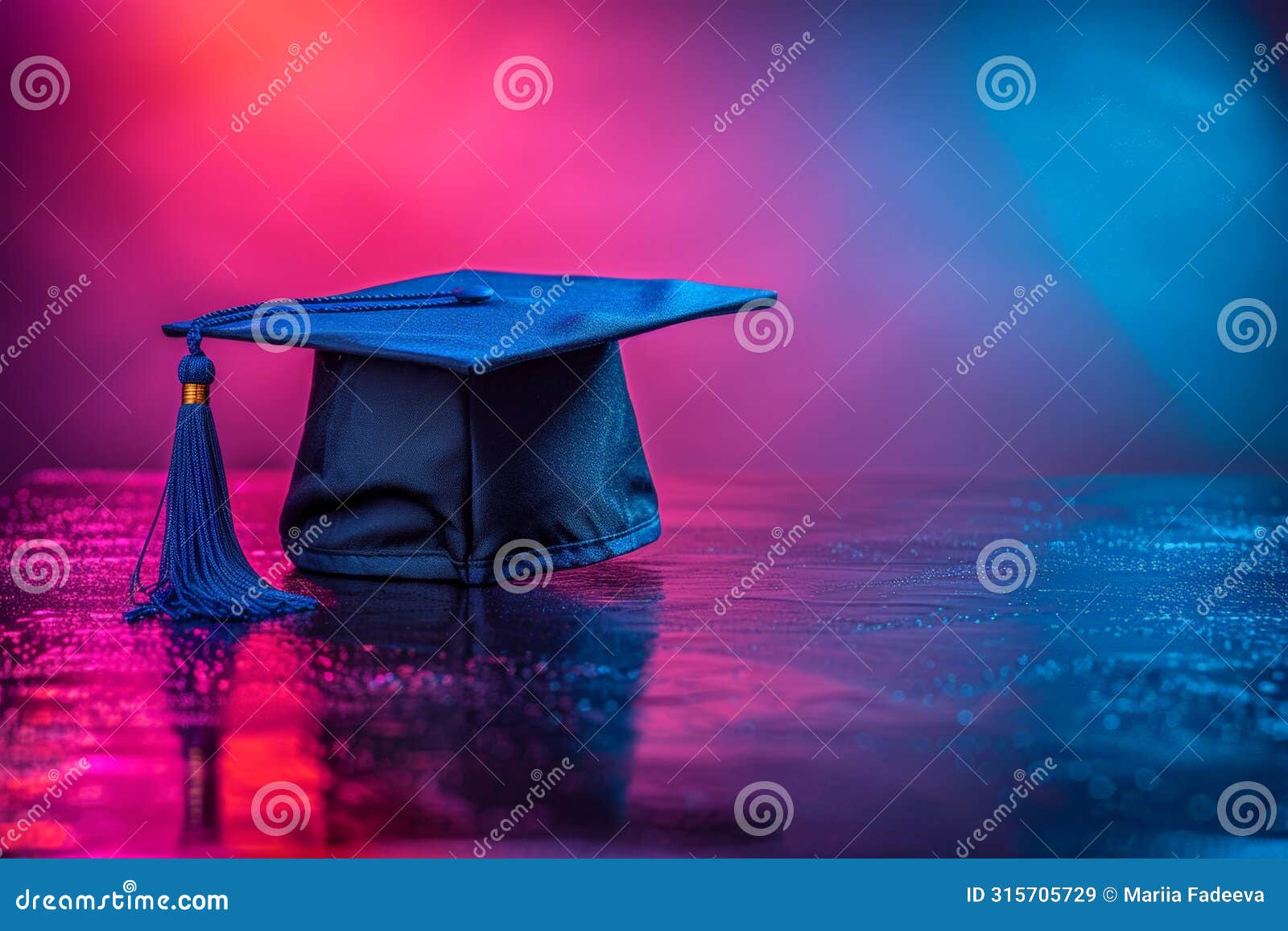 graduation cap on reflective surface with colorful background. graduation time in educational institutions.