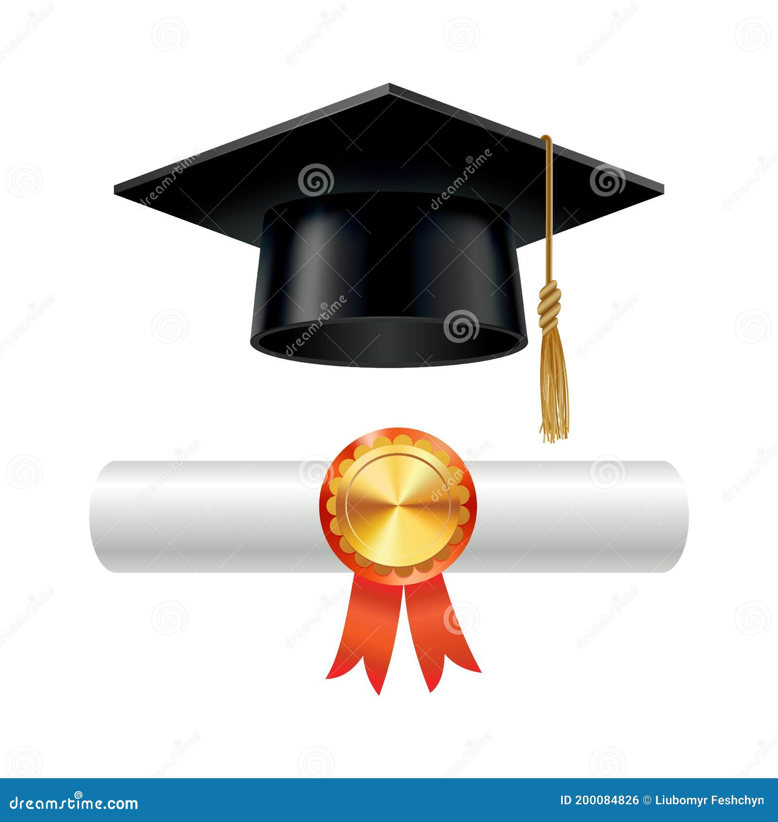 graduation cap and rolled diploma scroll with stamp. finish education concept. academic hat with tassel and university