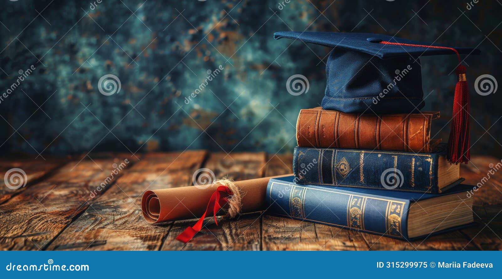 graduation cap on a stack of old books, ideal for education themes. graduation time in educational institutions