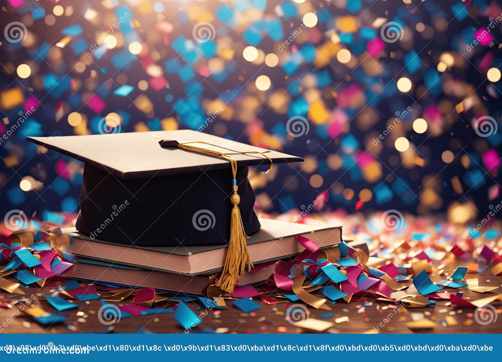 gradution cap and books with confetti background. ai generative
