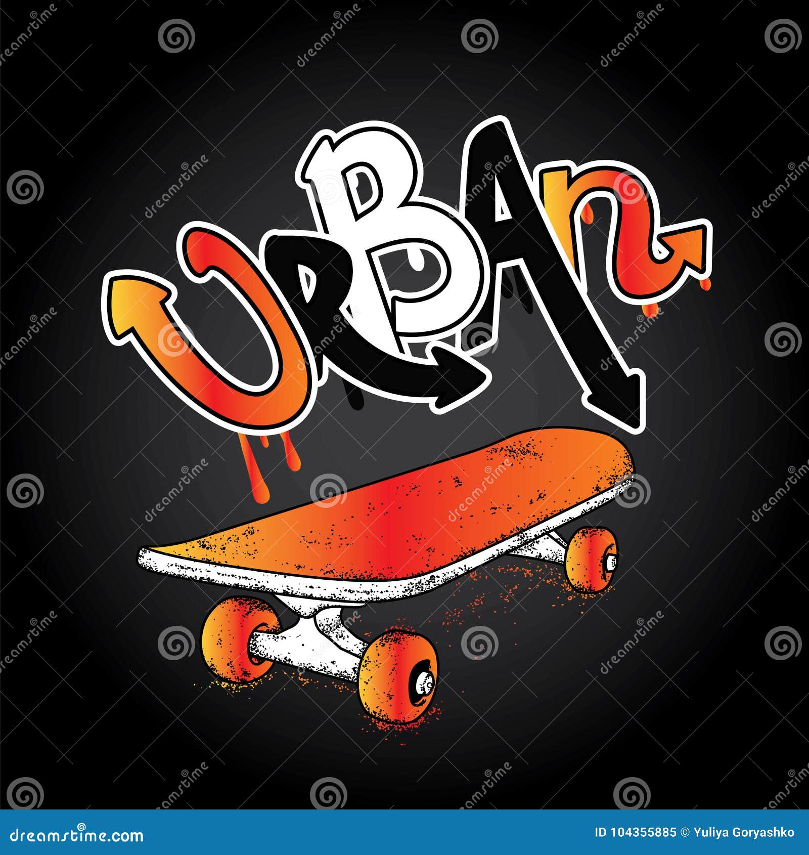 Graffiti Inscription `Urban` and Skateboard. Vector Illustration