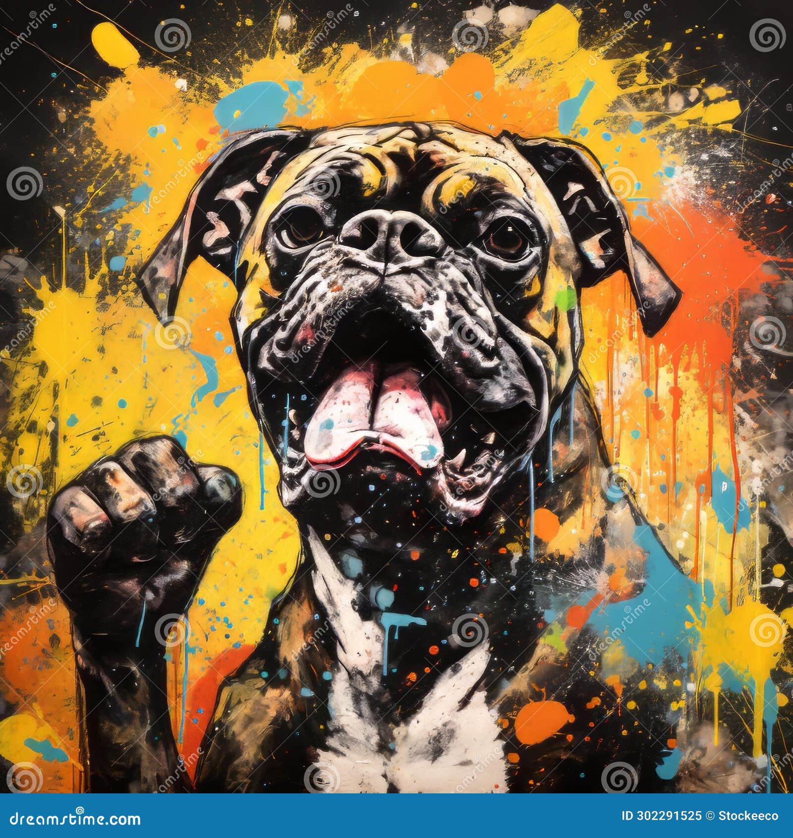 Graffitiinspired Boxer Dog Art on Colored Paint Splashes Stock