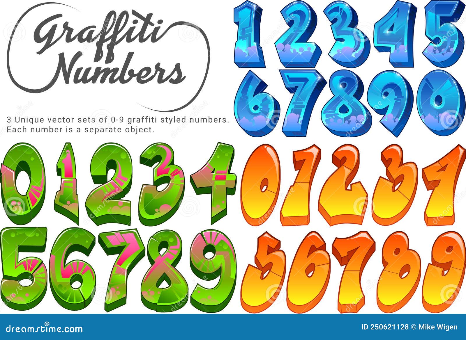 Graffiti Numbers 3 Unique Vector Sets of Graffiti Styled 09 Digits