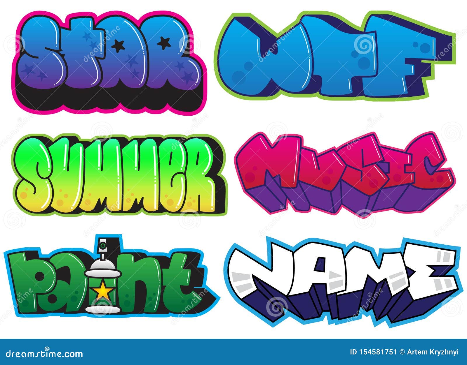 Graffiti Set Summer Star Wtf Music Paint Name Words Street Art Spray Paint Stickers Stock Illustration Illustration Of Letters Paint