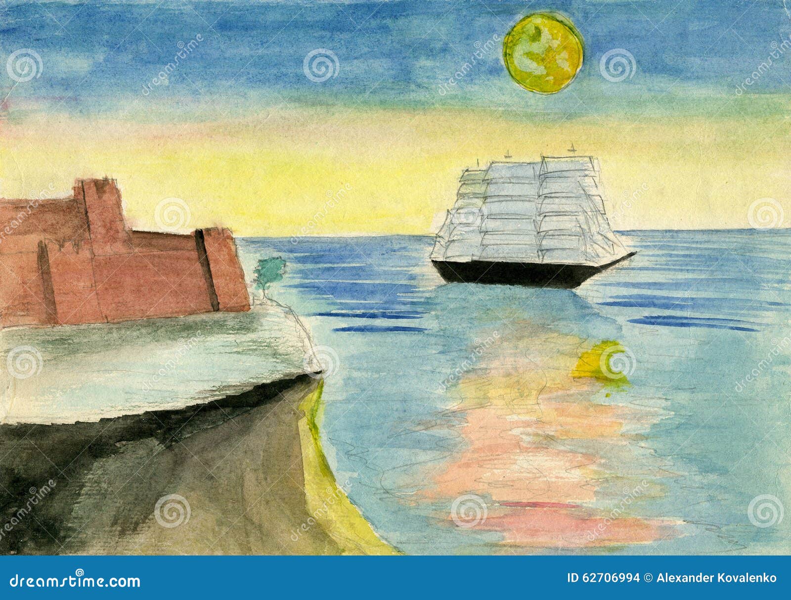 Grafiche A Trama Artistiche Illustrazione Di Paesaggio Con Il Mare M Illustrazione Di Stock Illustrazione Di Nubi Luna