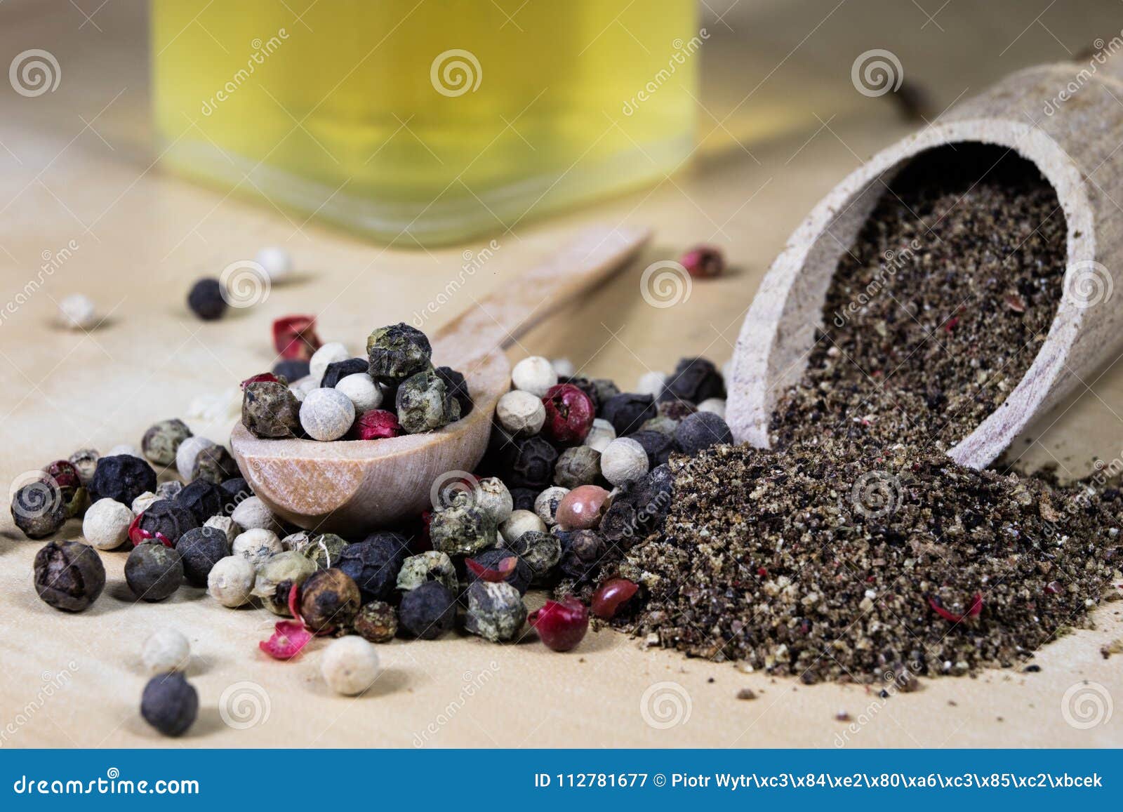 A Grain of Pepper on a Kitchen Table. Ground Pepper in a Kitchen Stock