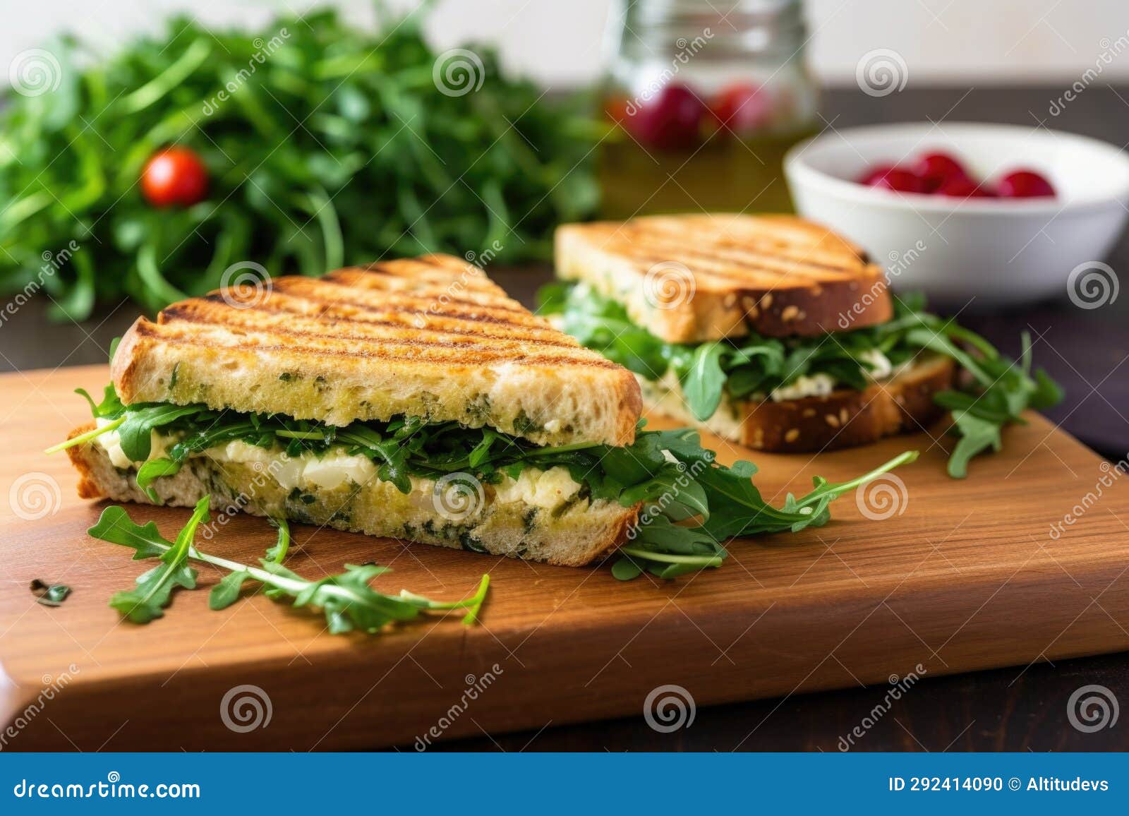 Grainy Bread Panini with Fresh Arugula on Side Stock Photo Image of