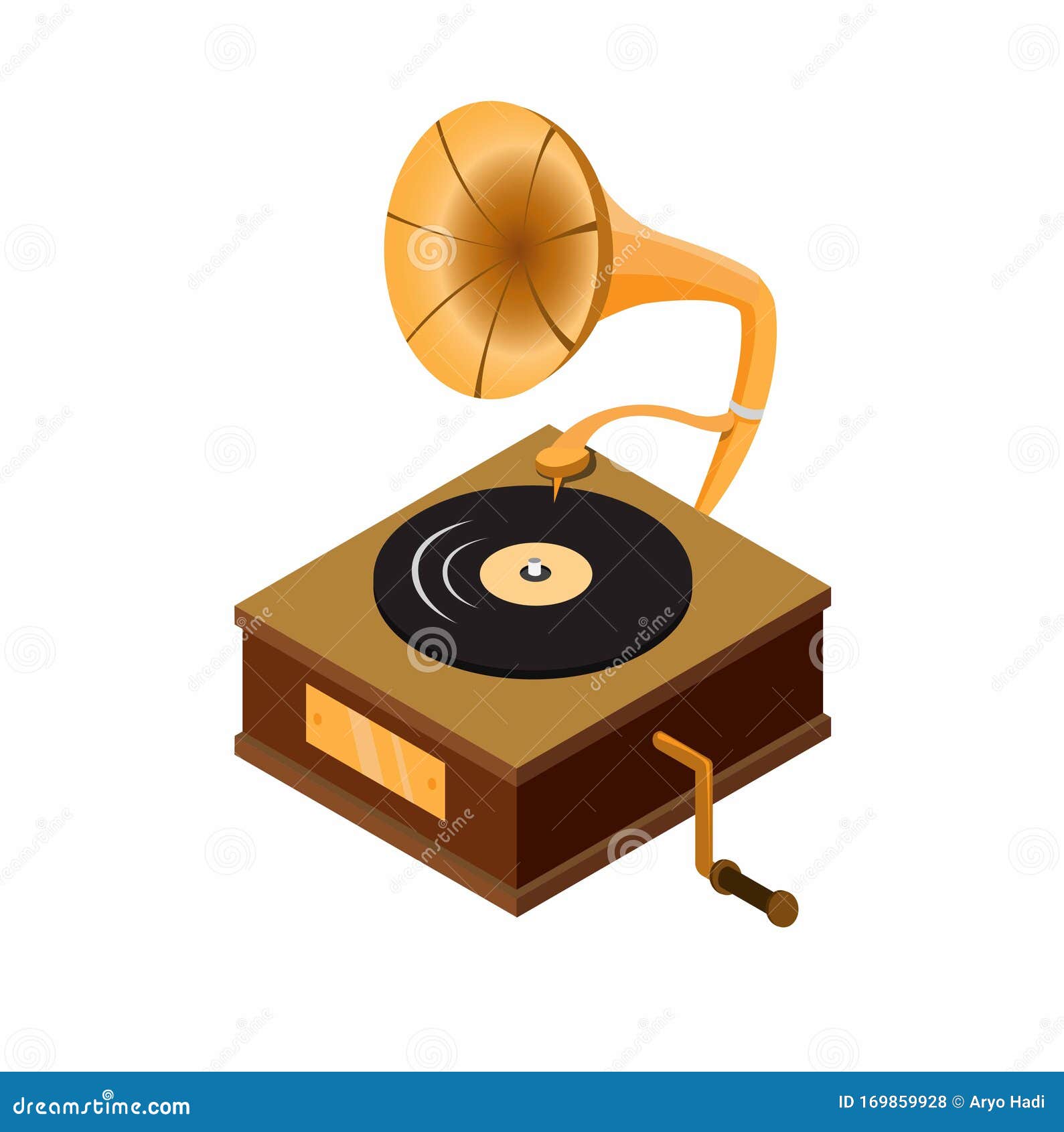 Gramophone Isometric, Classic Audio Music Player Device Wooden Box with