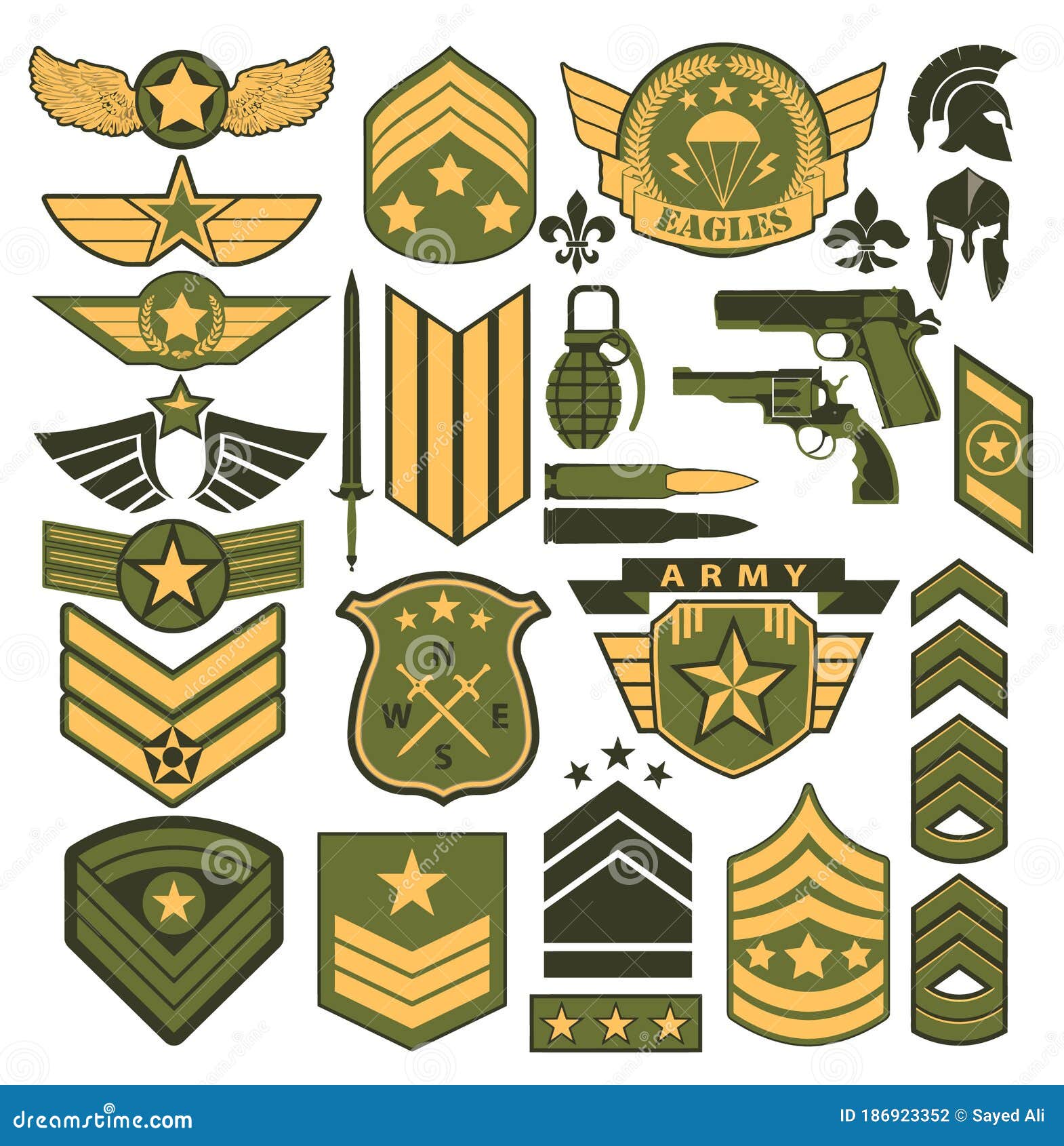 Gran Grupo De Las Insignias Del Ejército De Los Ee.uu.. Conjunto Completo  De Parches Militares Para La Industria De La Moda O De L Ilustración del  Vector - Ilustración de insignias, aerotransportado