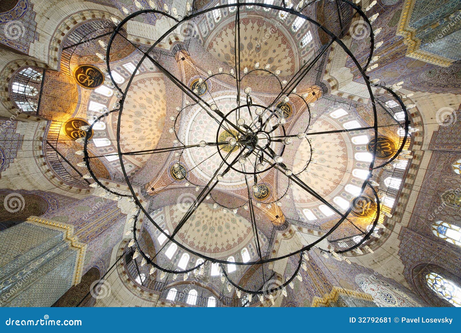 grand, beautiful dome and chandelier in new mosque (yeni cami)