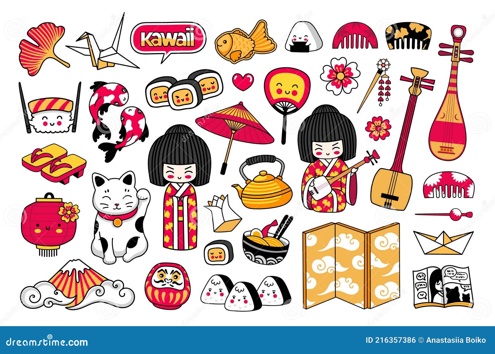 Grand Jeu De Stickers Dessin Animé Japonais Kawaii. Poupée Kokeshi  Manekineko Sushi Geisha Et Origami Illustration de Vecteur - Illustration  du montagne, dessin: 216357386