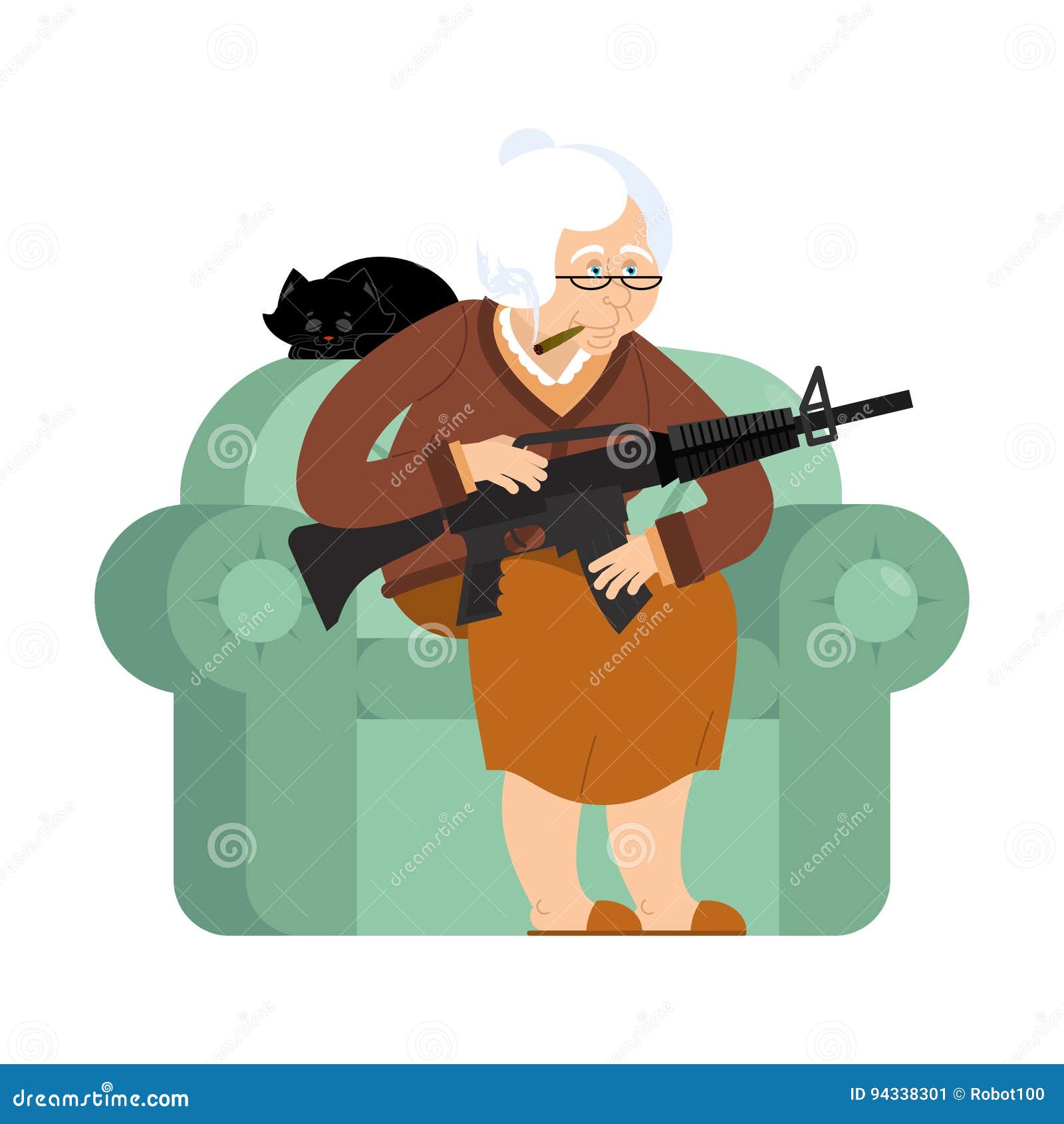 Grand Mere Avec L Arme A Feu Dame Agee Dans Un Fauteuil Avec La Mitraillette Illustration De Vecteur Illustration Du Arme Agee