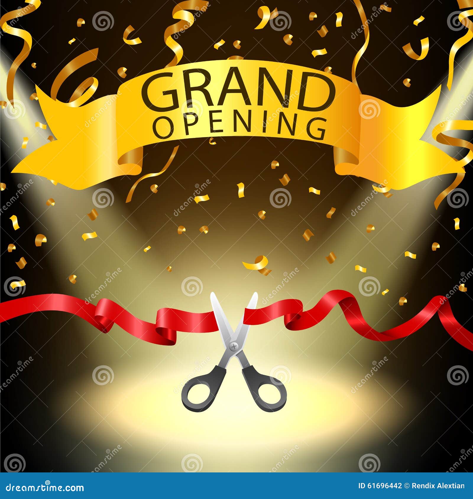 Grand Opening Background with Spotlight and Gold Confetti Stock Vector