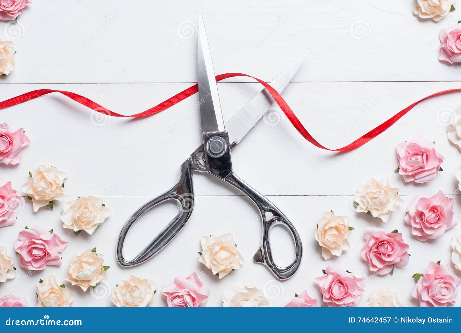 Grand Opening Concept with Scissors Cutting Red Ribbon on White Stock ...