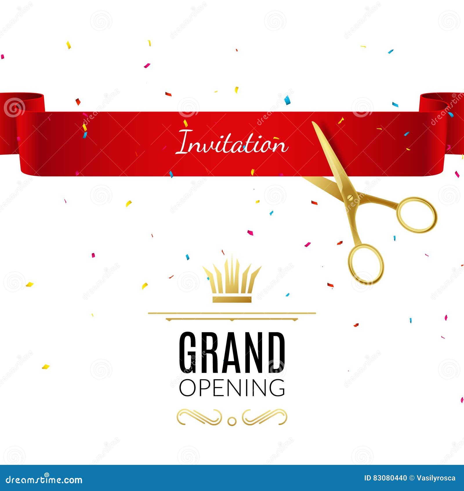 Grand Opening Banner With Cut Red Ribbon And Gold Scissors. Vector