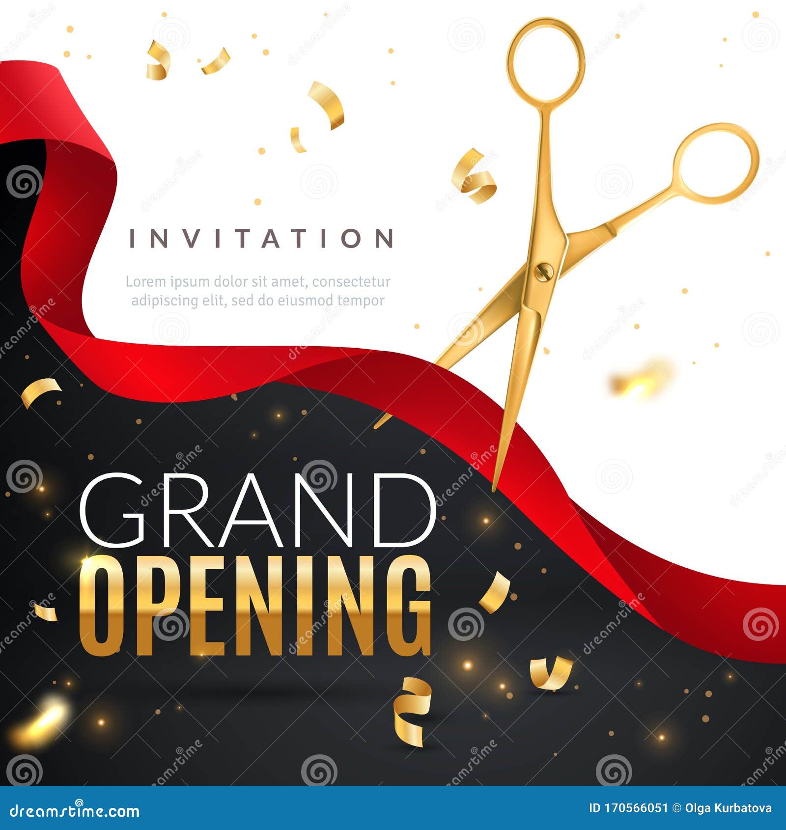 grand opening. golden confetti and scissors cutting red silk ribbon, inauguration ceremony banner, opening celebration