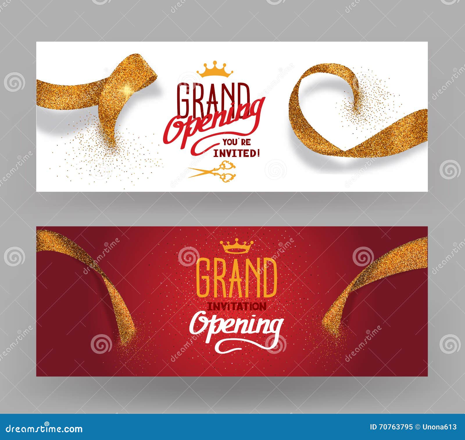 grand opening horisontal banners with abstract gold cut ribbons