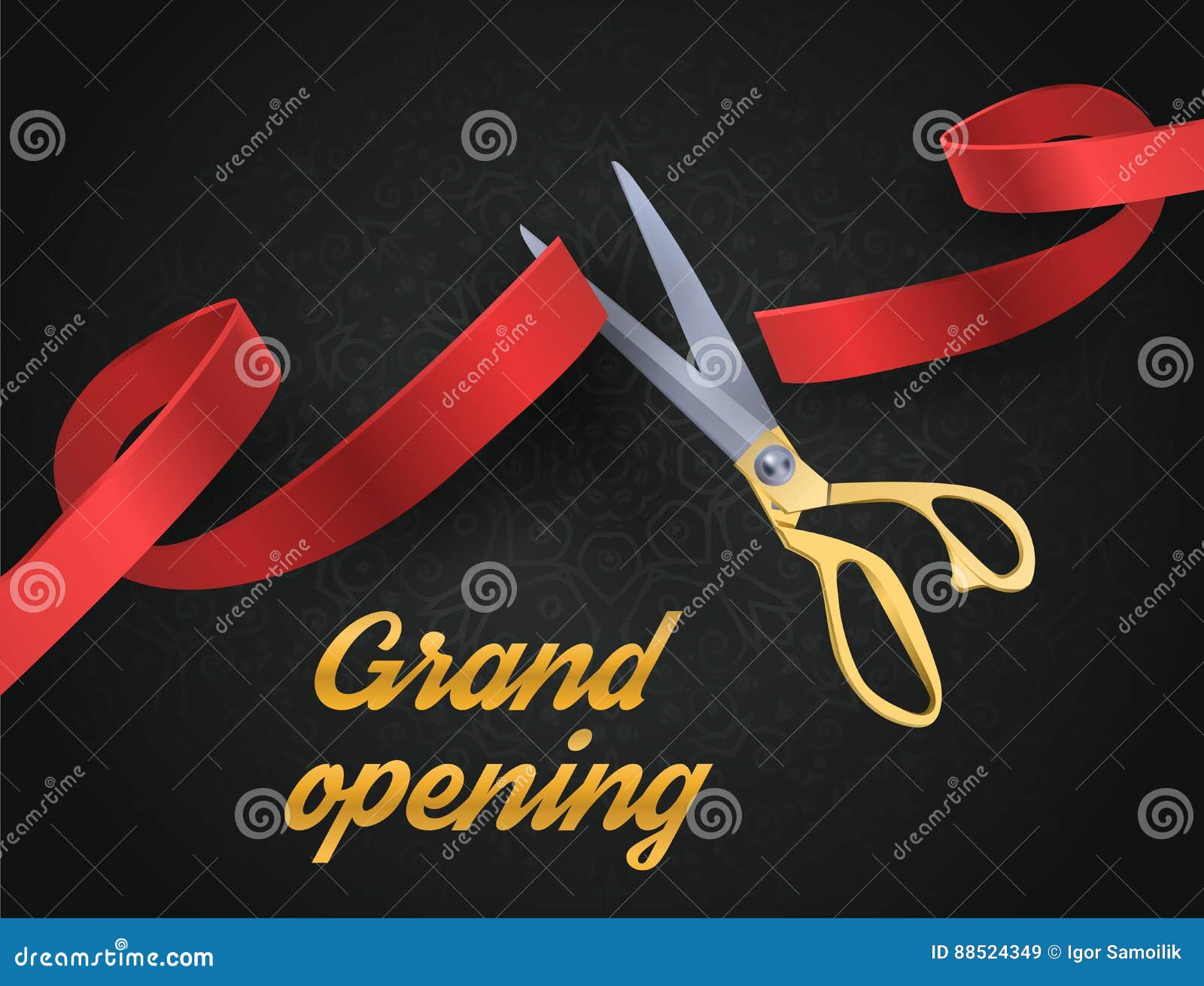 Grand Opening Design with Ribbon, Balloons and Gold Scissors