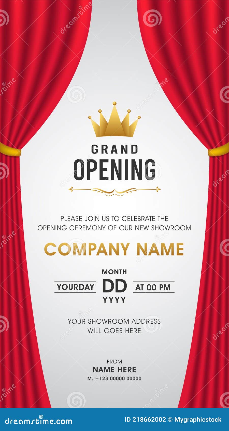 Grand Opening Invitation Card with Red Curtain Stock Illustration