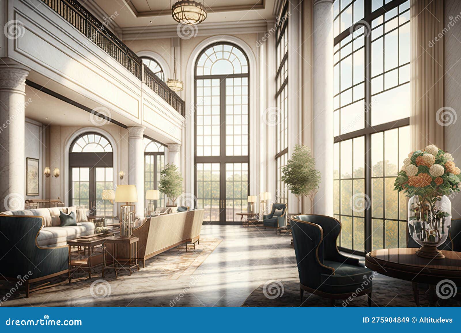 a grand and opulent lobby, with soaring ceilings and floor-to-ceiling windows, showcasing a picturesque view