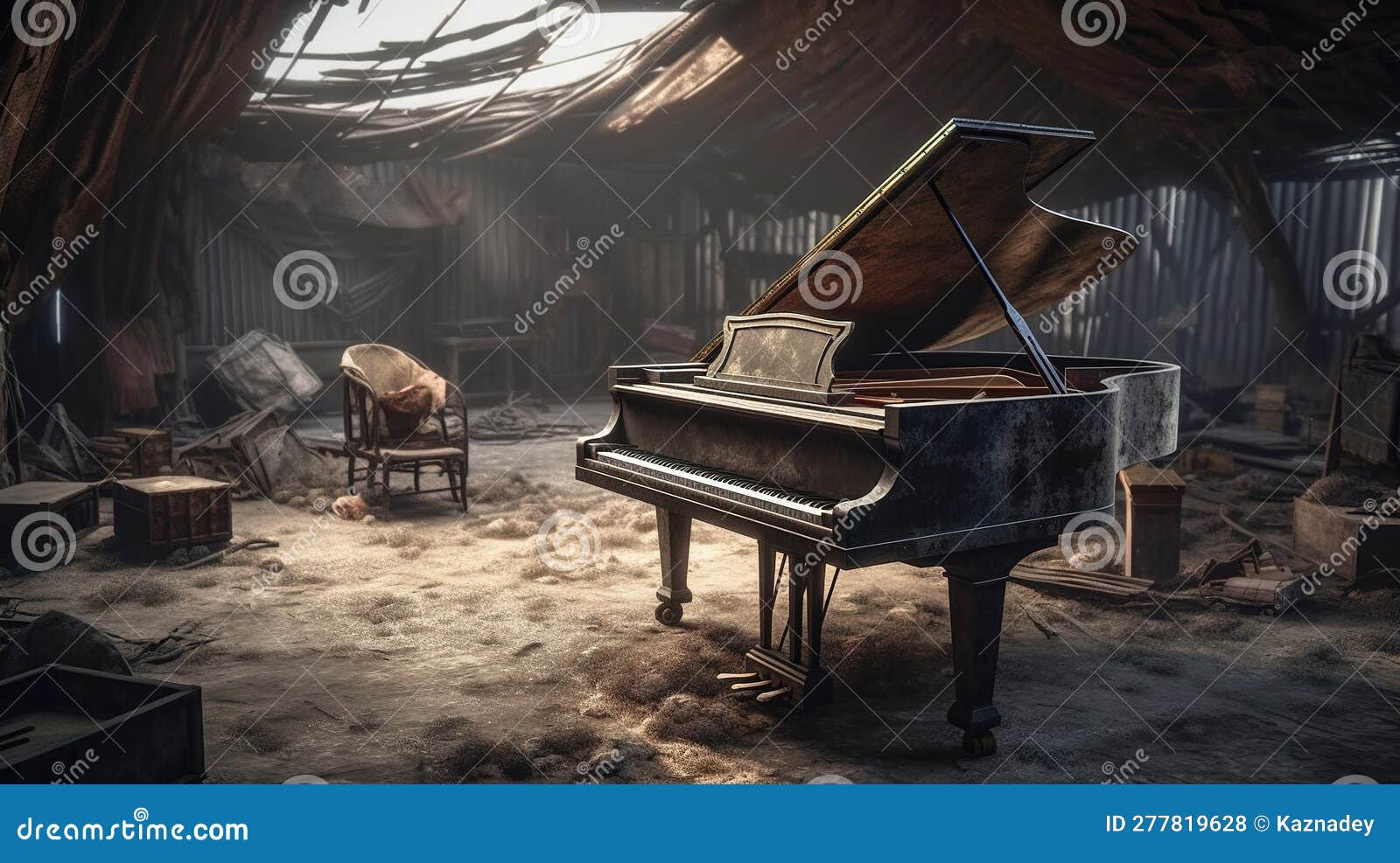 A Grand Piano in a Abandoned Destroyed Room. Generative Ai Stock Photo