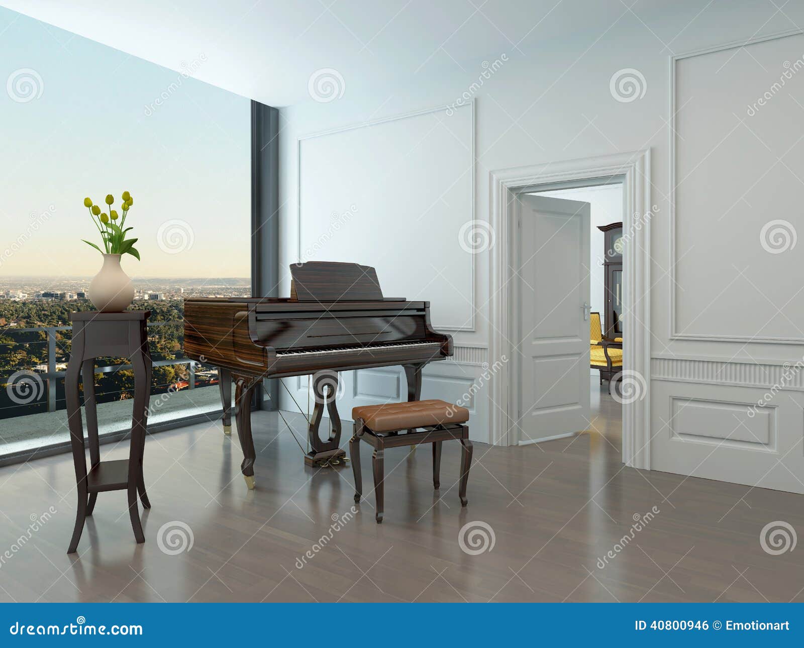 Grand Piano Standing in Nice White Room Stock Illustration