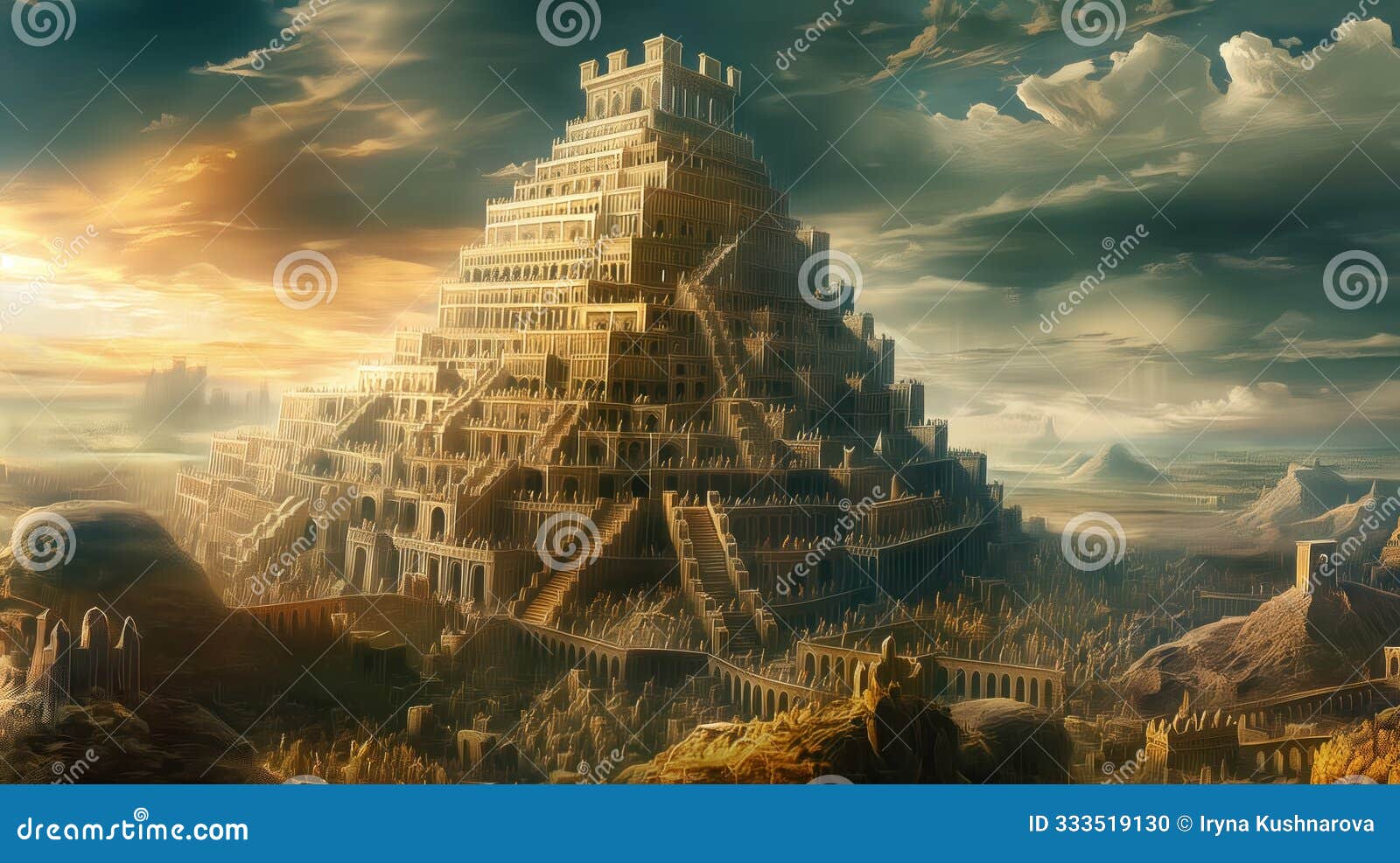 grand pyramid-like structure bathed in yellow, orange hues. multiple levels adorned with smaller towers add to imposing stature.