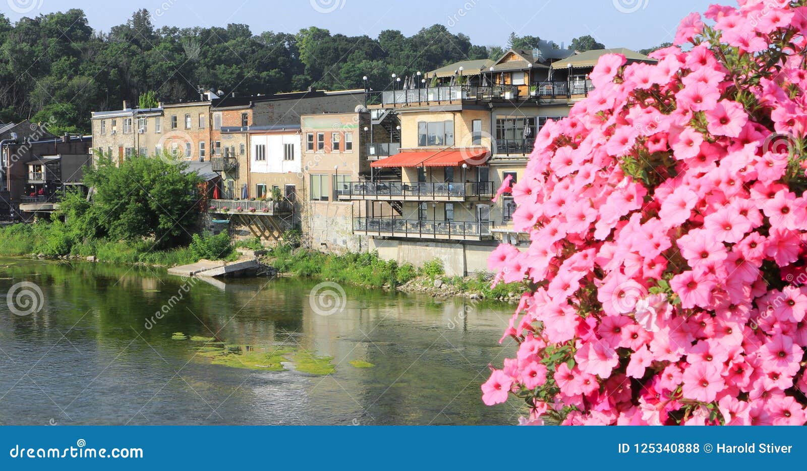 Grand River at Paris, Canada with Bridge in Background Stock Photo