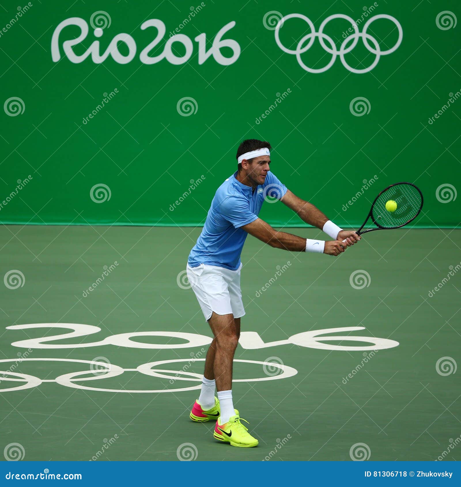 RIO DE JANEIRO, BRAZIL - AUGUST 11, 2016: Grand Slam champion Juan Martin Del Potro of Argentina in action during his quarterfinal match of the Rio 2016 Olympic Games at the Olympic Tennis Centre