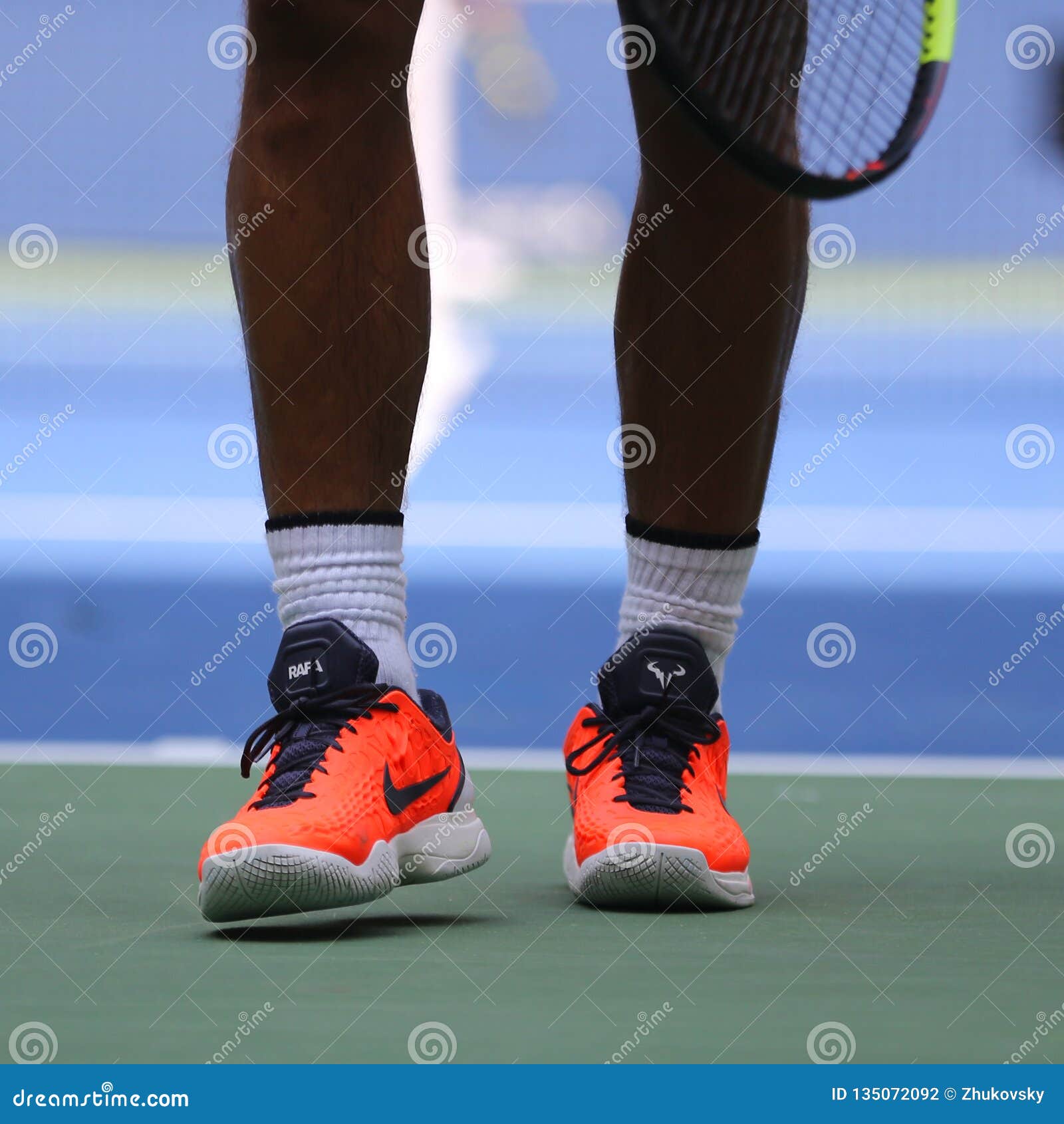 Grand Slam Champion Rafael Spain Custom Nike Tennis Shoes during US Open 2018 Editorial Photography - of professional, players: 135072092