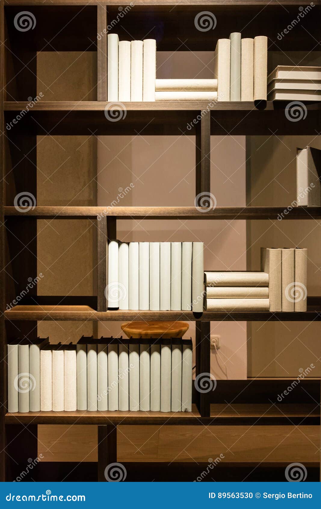 Diritto vista di grande scaffale di legno semplice con i libri in bianco ai vari livelli ed agli orientamenti differenti dentro stanza