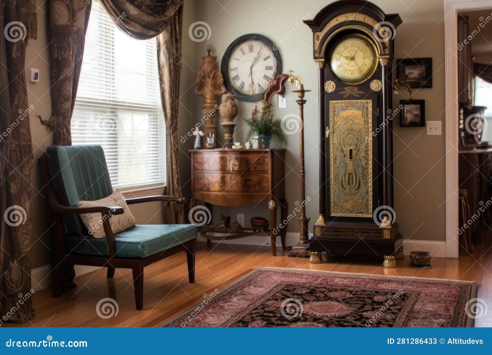 Grandfather Clock with Detailed Brass Pendulum Stock Illustration