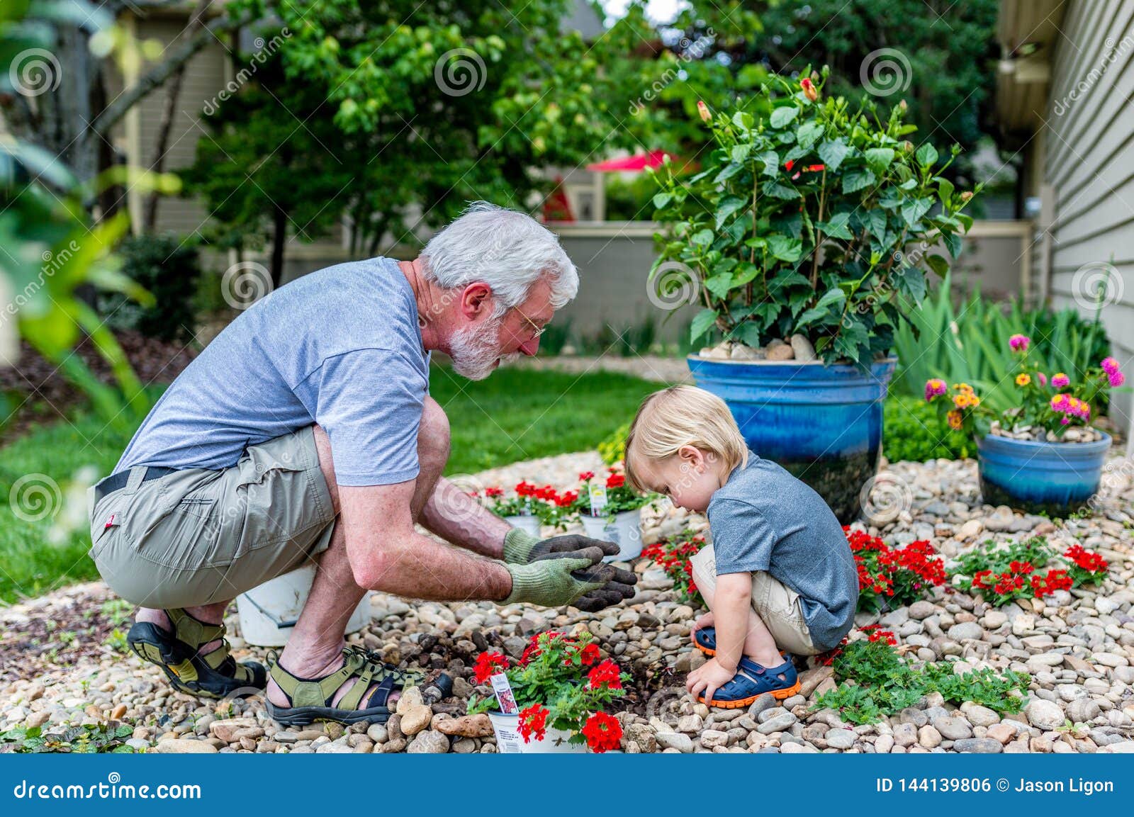 grandfather and grandson spend time together planting flowers in the garden