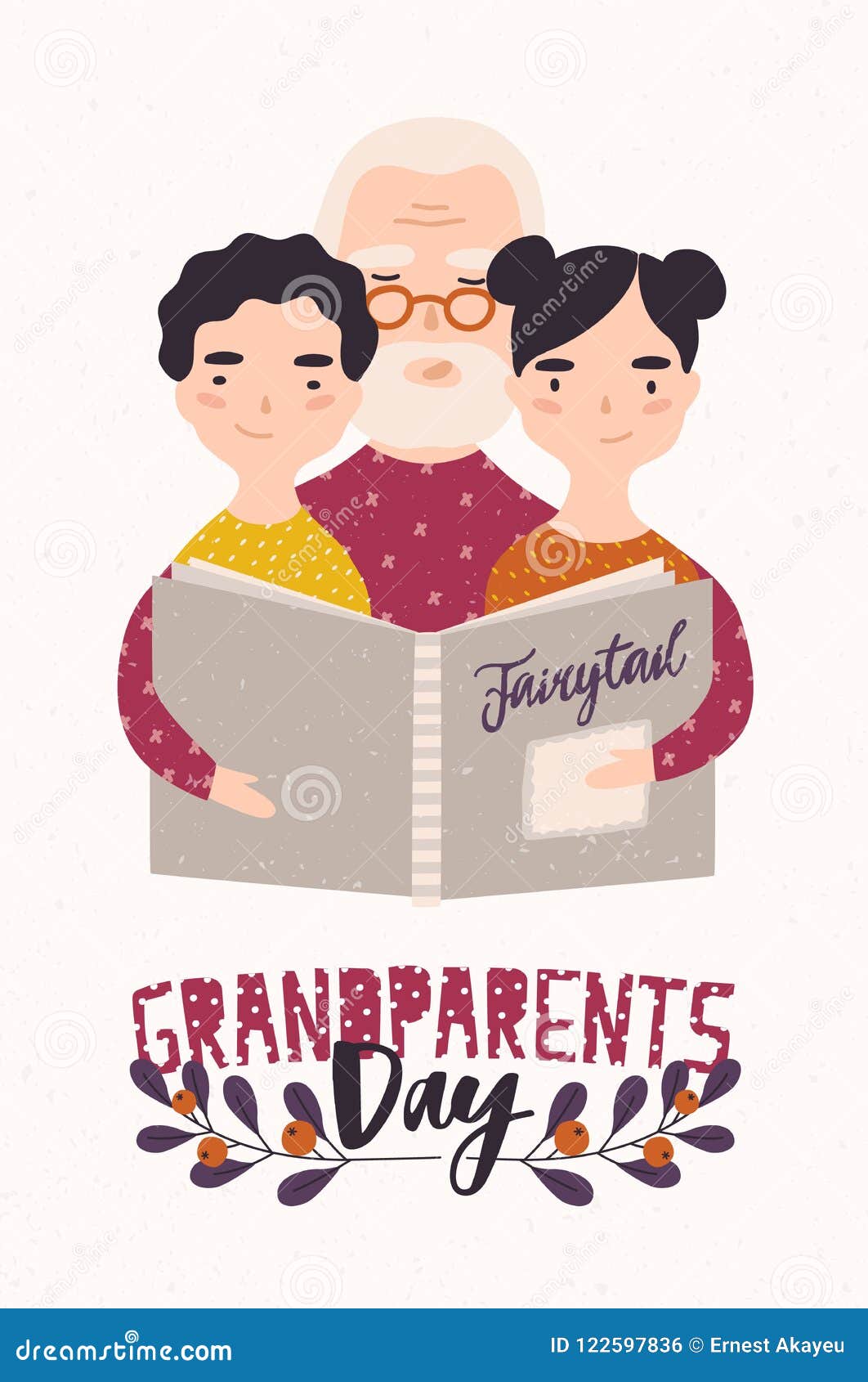 grandfather reading book with grandchildren. granddad telling fairytales to his gramdson and granddaughter. colorful