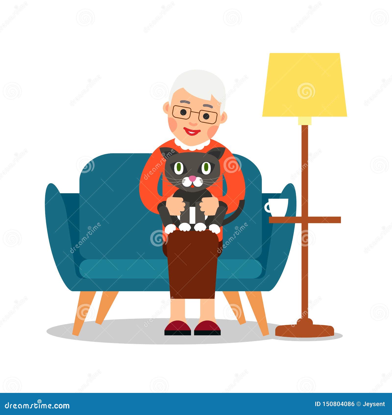 Grandmother Cat. Elderly Woman Sits on Sofa and Holds Cute Kitty in Her ...