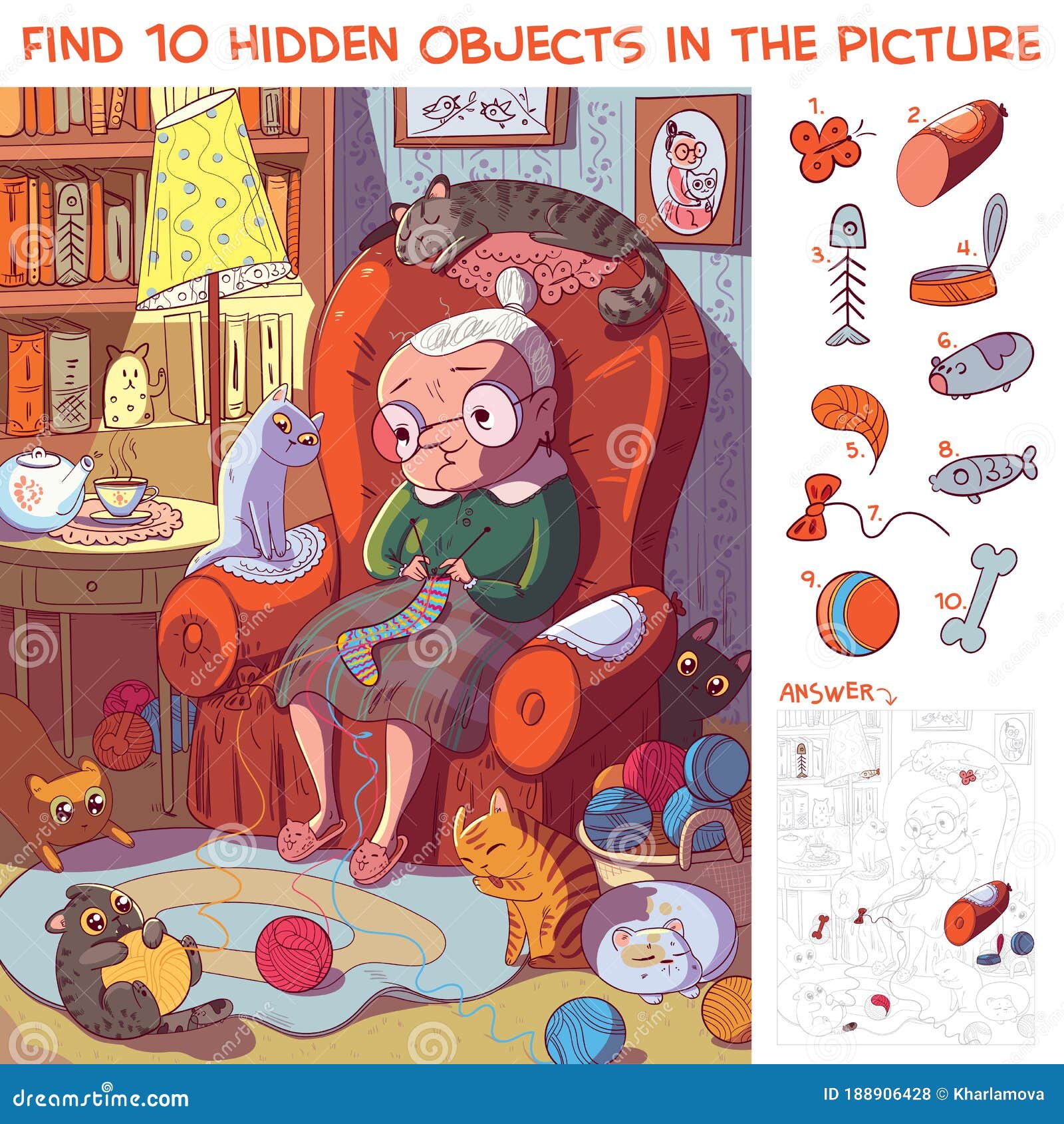 grandmother sitting on the armchair and knits socks surrounded by her cats. find hidden objects