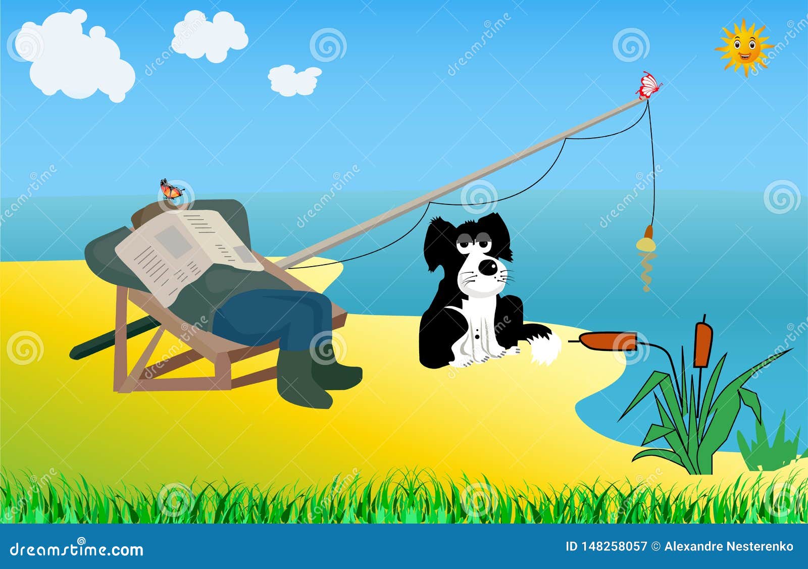 Grandpa fishing with dog stock vector. Illustration of white - 148258057