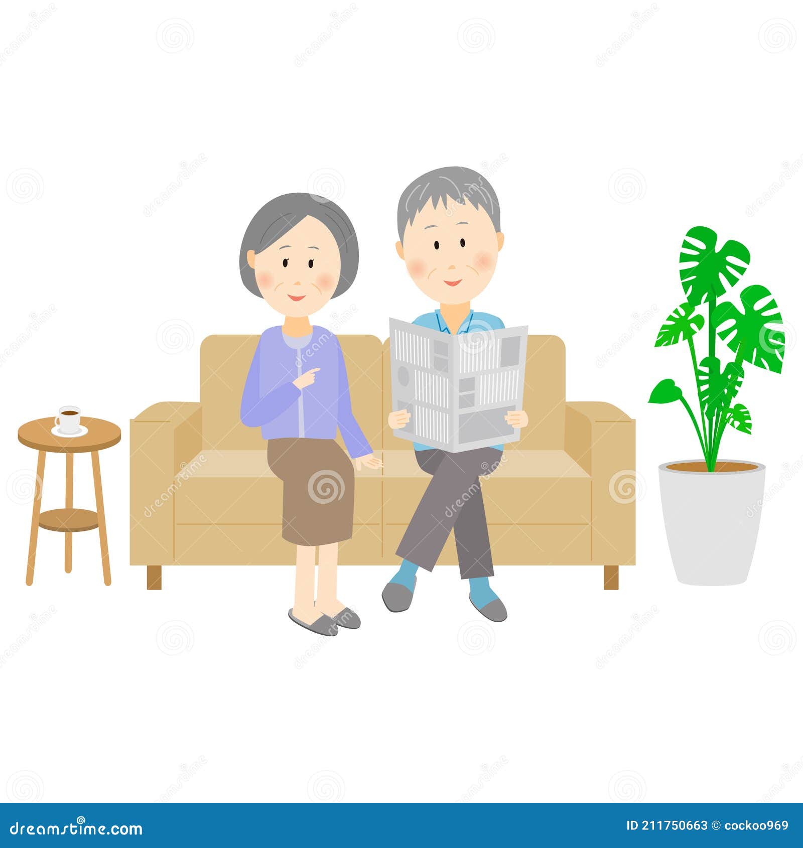 Grandpa And Grandma Sitting On The Couch And Reading The Newspaper Stock Illustration