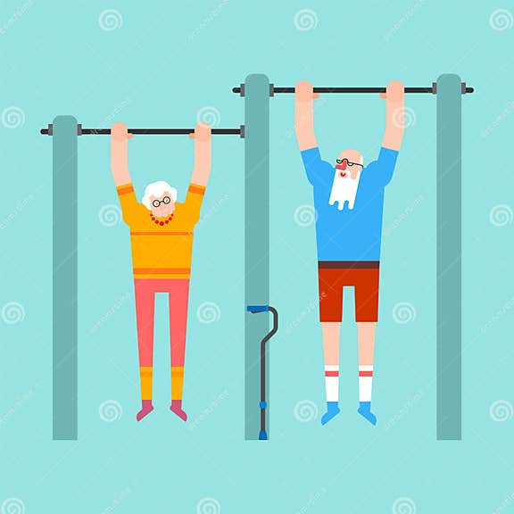 Grandparents on Horizontal Bar. Pull Up Grandmother and Grandfather