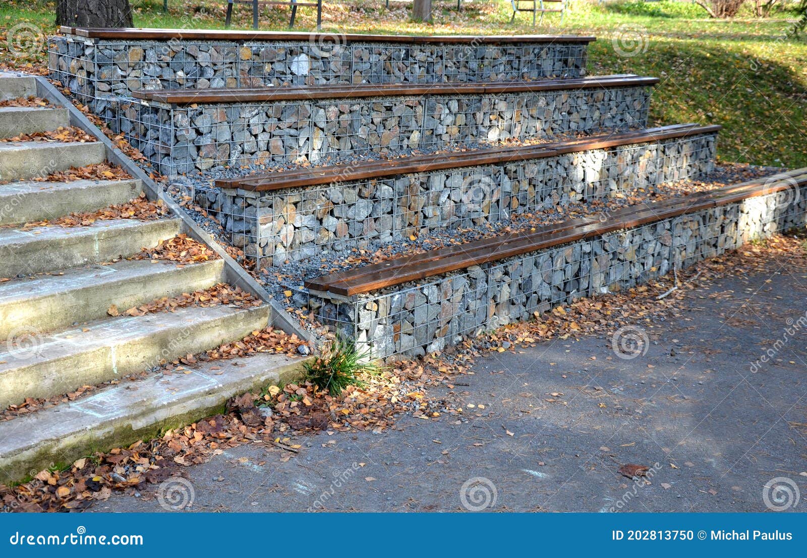 Grandstand in the Park by a Concrete Staircase Made of Gabion Baskets