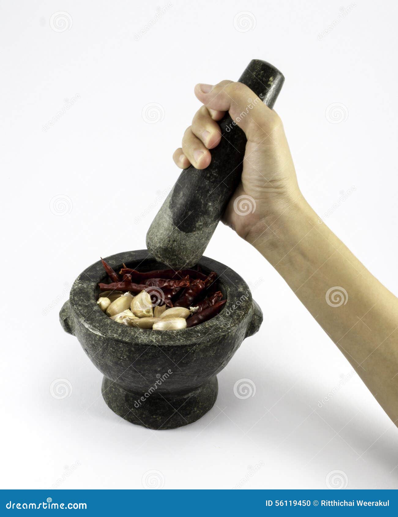Granite Mortar and Pestle Isolated on White Background Stock Photo