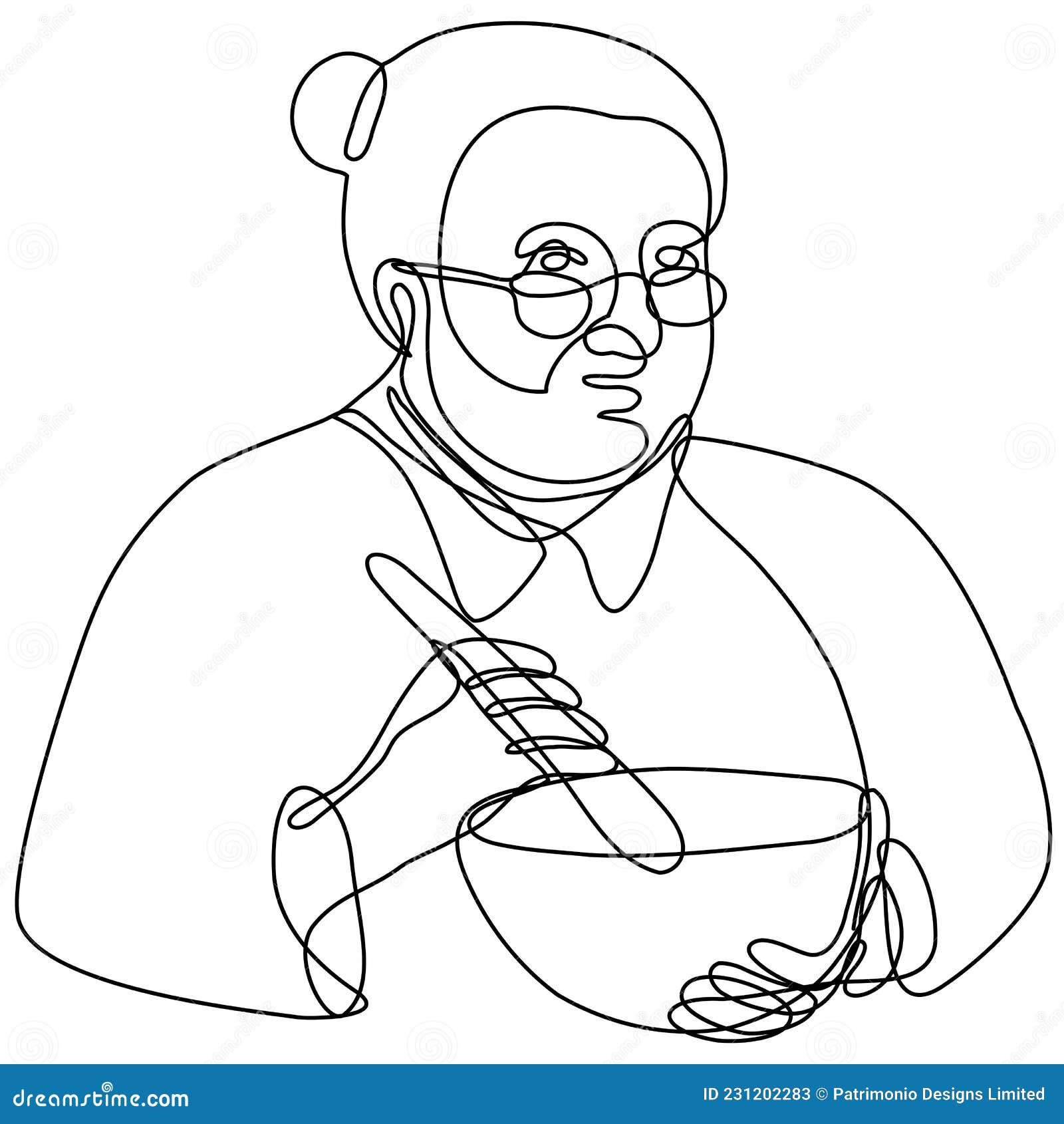 Granny Cook Mixing with Mortar and Pestle Continuous Line Drawing Stock