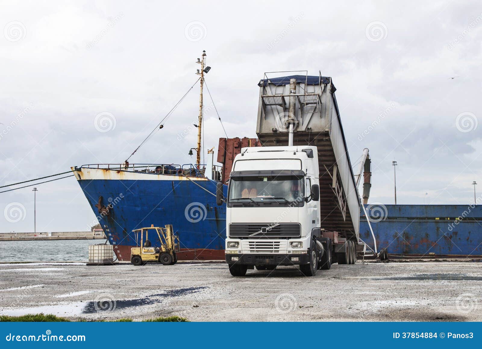 Grano di caricamento del camion sulla nave. Trasporti il grano su autocarro di caricamento sulla nave in porto nell'ambito di luce solare