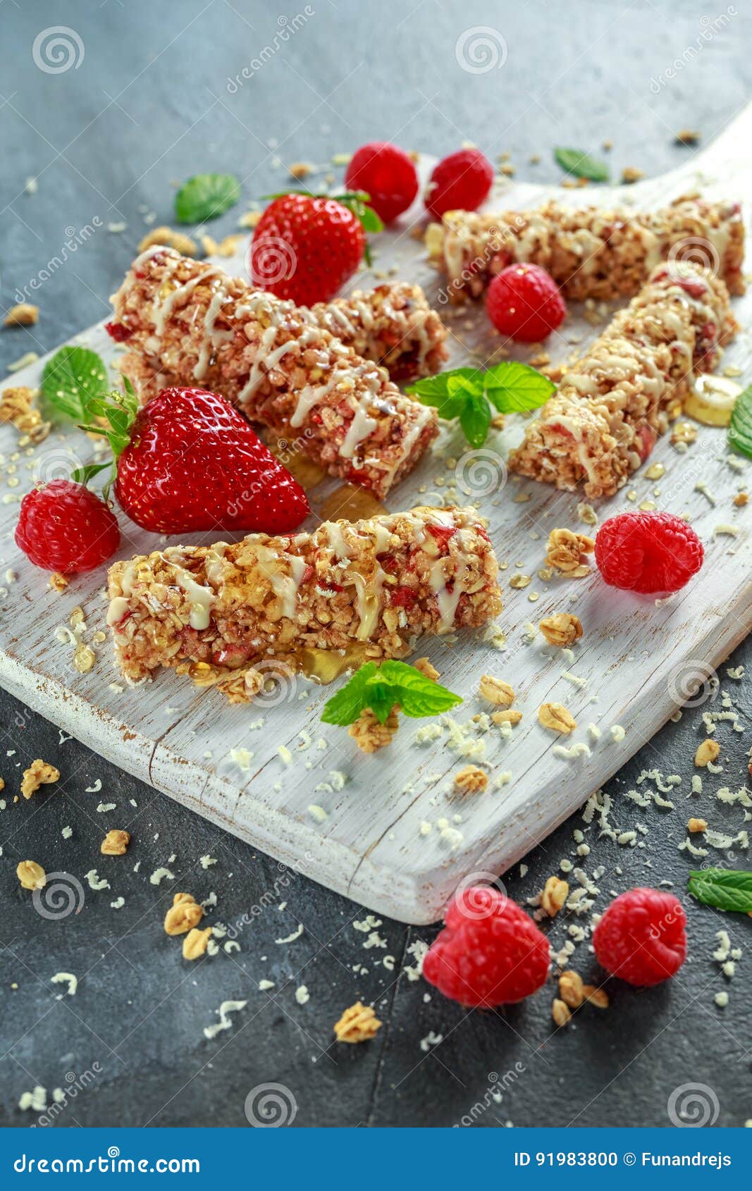 Granola Bar with Strawberries, Raspberry Honey and White Chocolate on