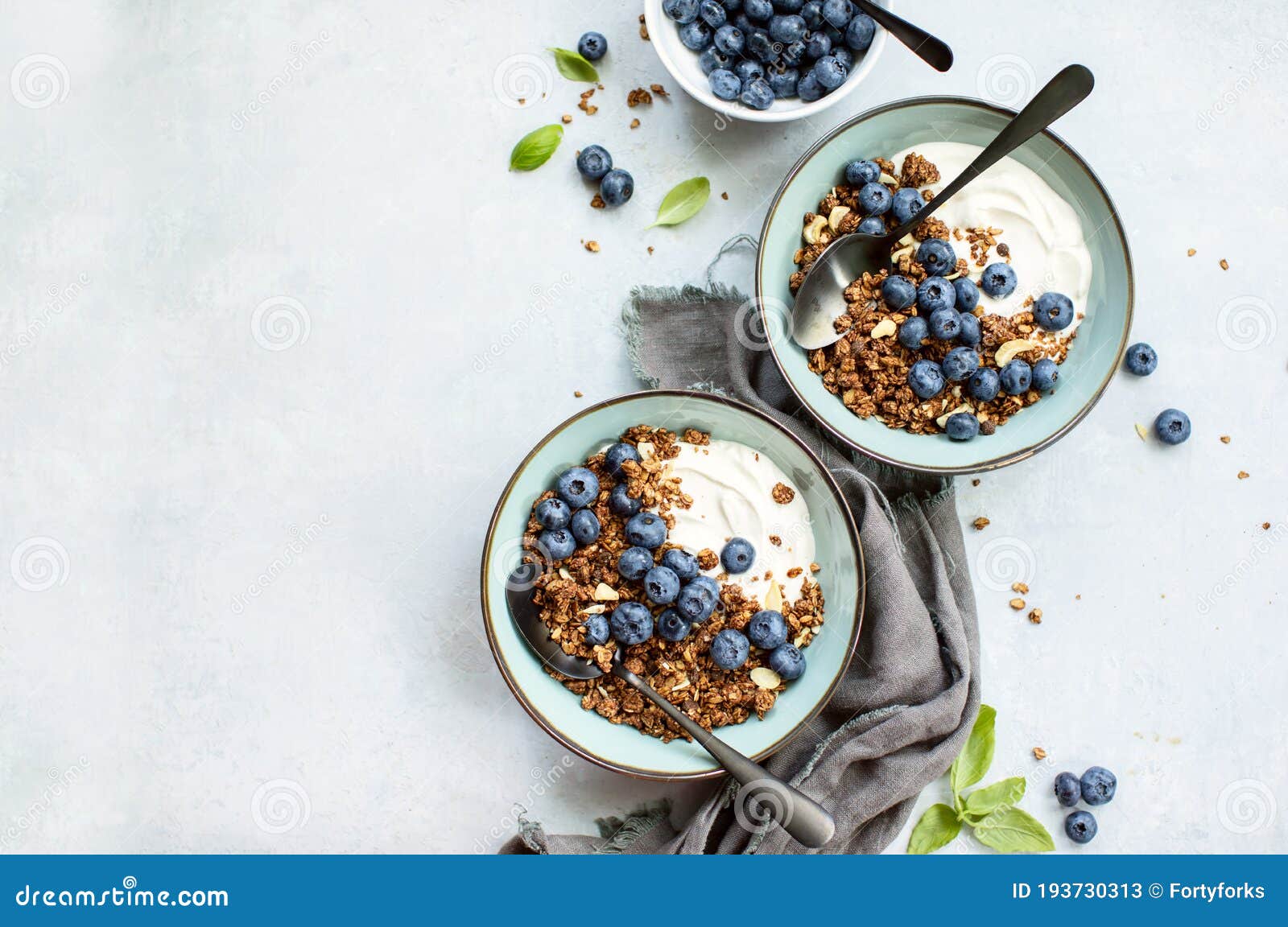 Granola and Blueberry Breakfast with Plain Yogurt, Top Down View Stock