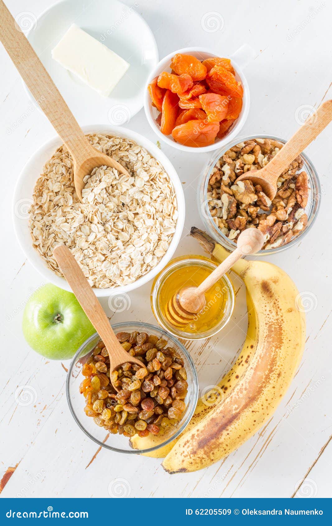 Granola Ingredients On White Wood Background Stock Image Image of