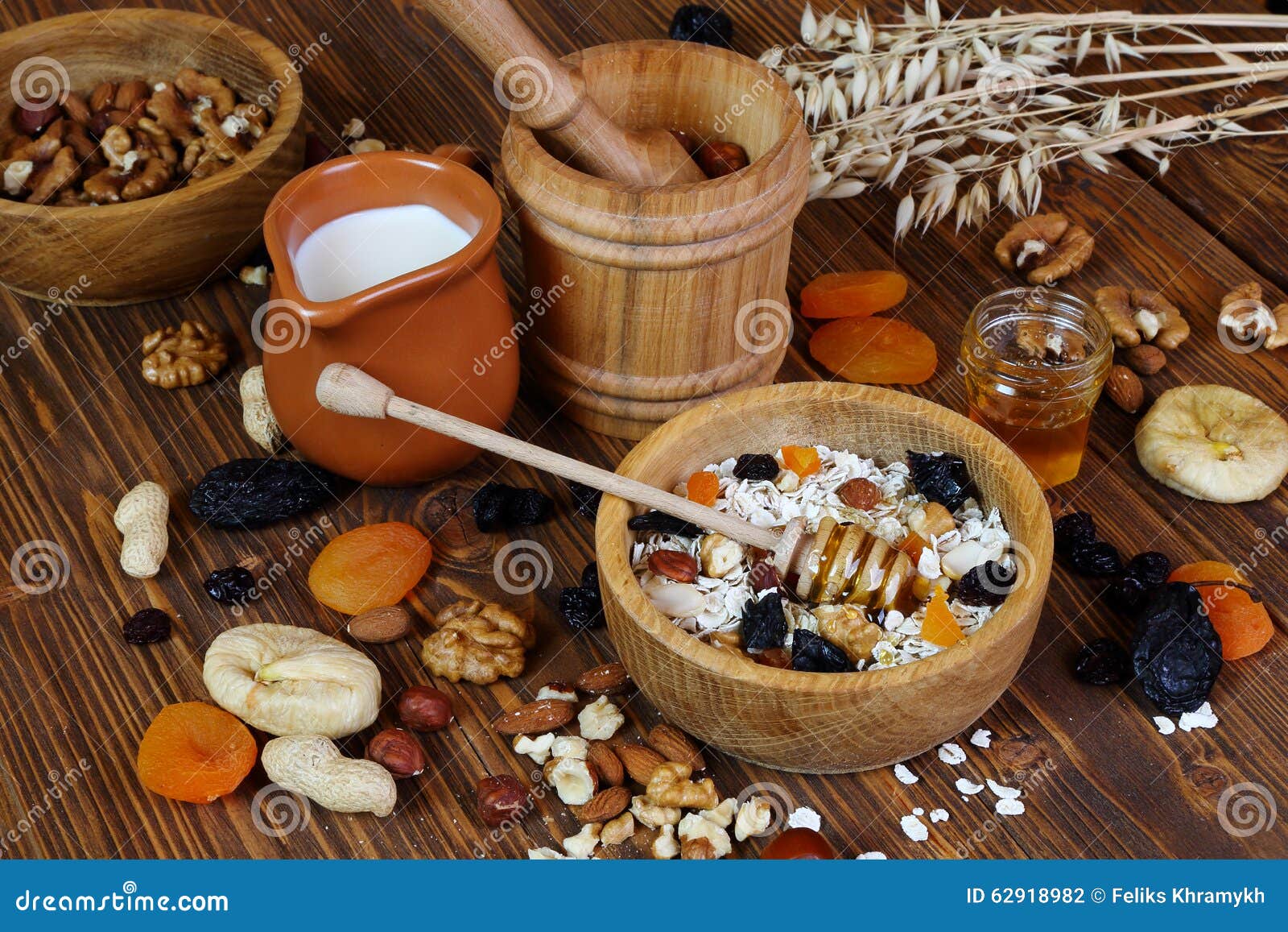 Granola with Oatmeal, Nuts, Dried Fruit and Honey Stock Photo Image