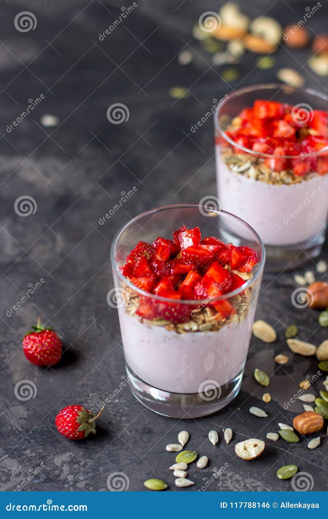 Granola with Yogurt, Strawberry and Nuts, Healthy Breakfast Stock Photo