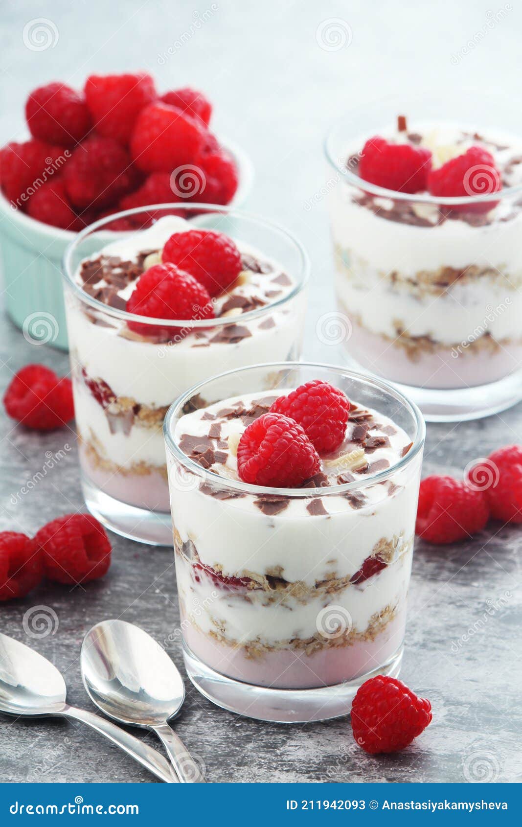 Granola with Yogurt Trifles with Raspberry Stock Image Image of decorated, parfait 211942093